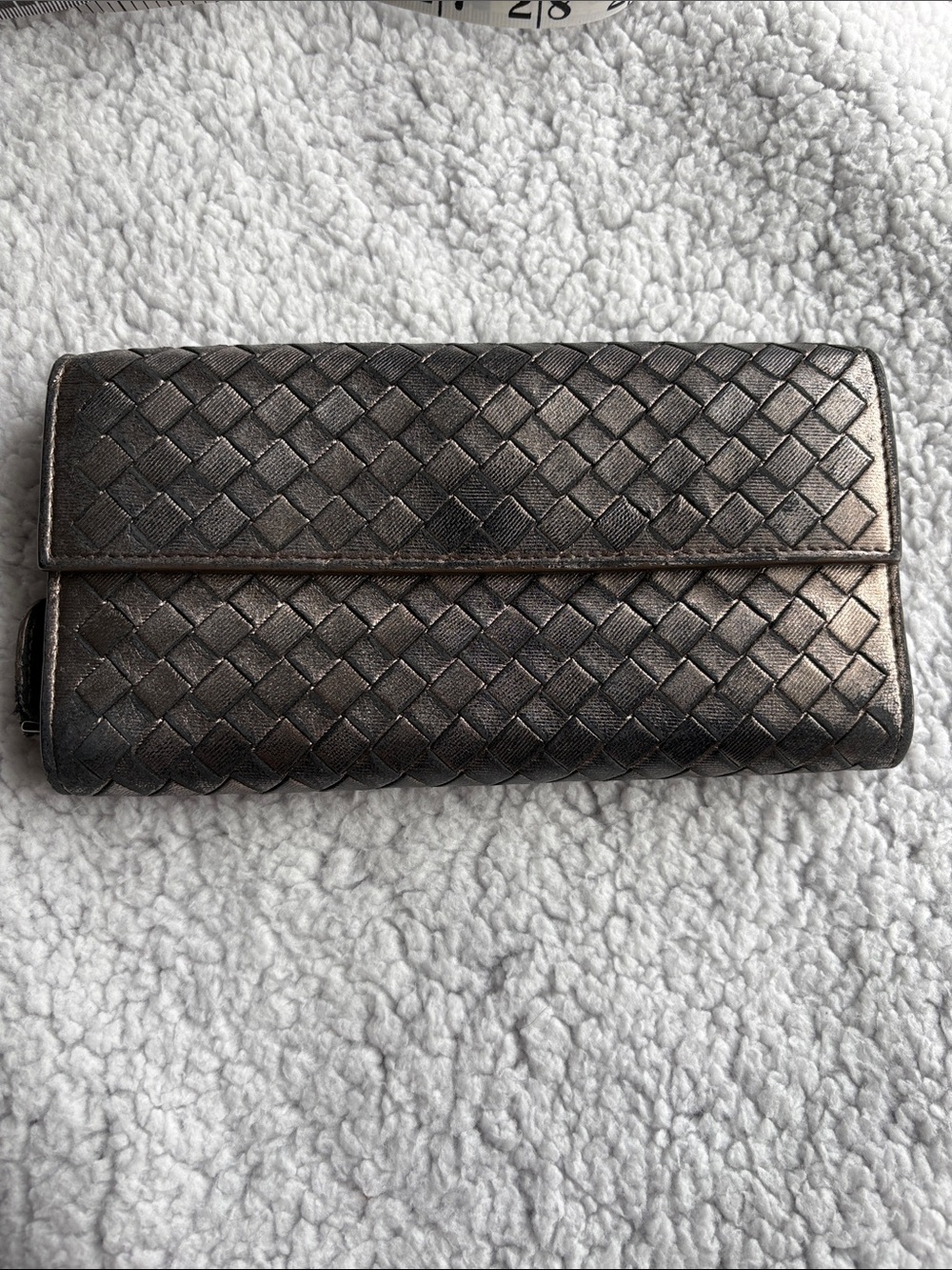 Bottega Veneta Intrecciato Flap Continental Wallet Metallic Pewter Woven Leather